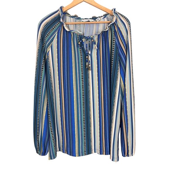 SUSAN GRAVER Women's M Liquid Knit Striped Ruffle‎ Neckline Tasseled Peasant Top - Picture 1 of 8